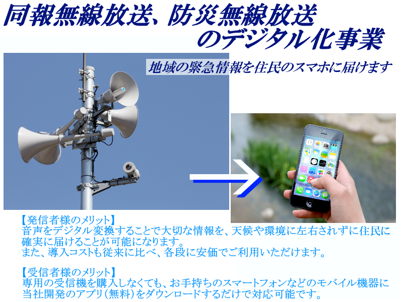 戸別受信機が無くてもOK！同報無線、防災無線のデジタル化、スマホ対応事業