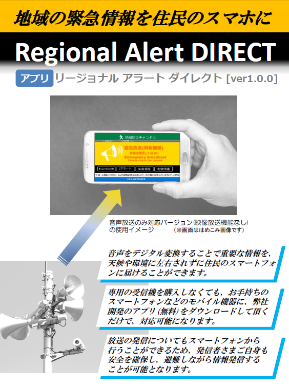 戸別受信機が無くてもOK！同報無線放送、防災無線放送を住民のスマホに-同報無線、防災無線のデジタル対応をお手伝いします-：地域防災、危機管理ご担当者さま ＜静岡県版＞ 地域の緊急情報を住民のスマホに Regional Alert DIRECT
              リージョナル アラート ダイレクト [ver1.0.0] アプリ 音声放送のみ対応バージョン(映像放送機能なし) の使用イメージ （※画面ははめこみ画像です） 音声をデジタル変換することで重要な情報を、天候や環境に左右されずに住民のスマートフォンに届けることができます。専用の受信機を購入しなくても、お手持ちのスマートフォンなどのモバイル機器に、弊社開発のアプリ(無料)をダウンロードして頂くだけで、対応可能になります。放送の発信についてもスマートフォンから行うことができるため、発信者さまご自身も安全を確保し、避難しながら情報発信することが可能となります。